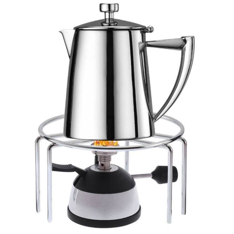 Mini gas burner supporting a stainless steel coffee kettle with curved metal stand