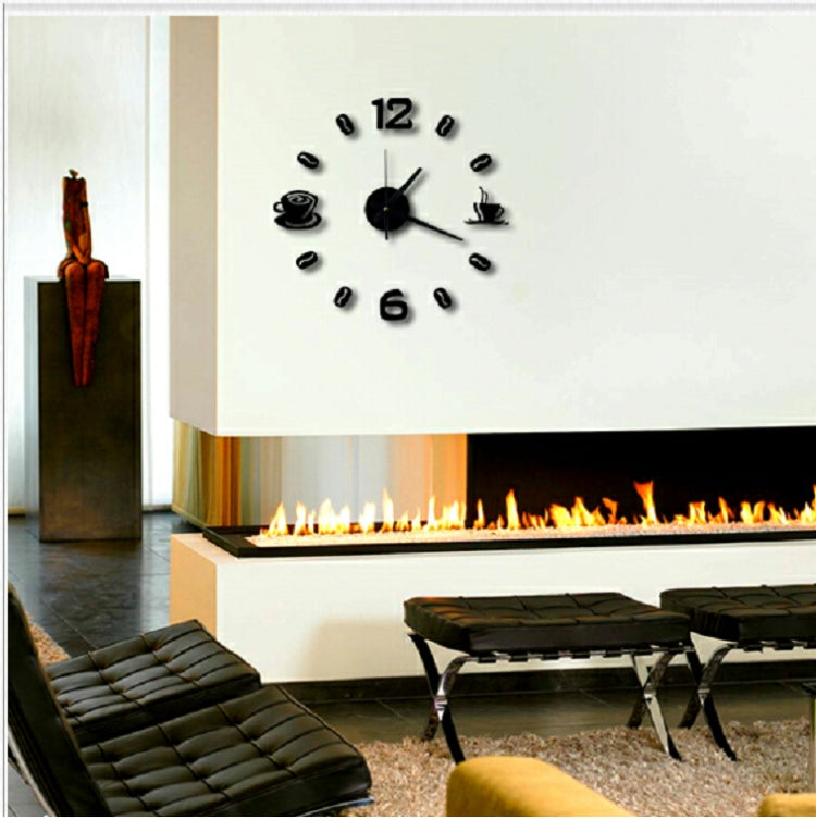 Black wall clock stickers with coffee cup icon, minute dots, and 12 o'clock