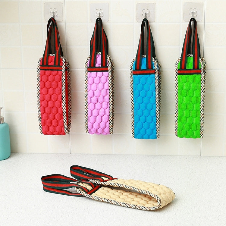 Assorted color exfoliating bath towel straps hanging with striped bindings and braided edges