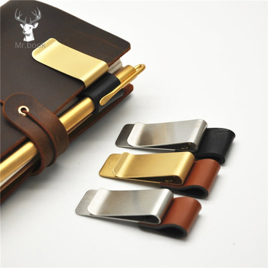 Metal and leather notebook pen holder clips, gold and silver with brown leather bands
