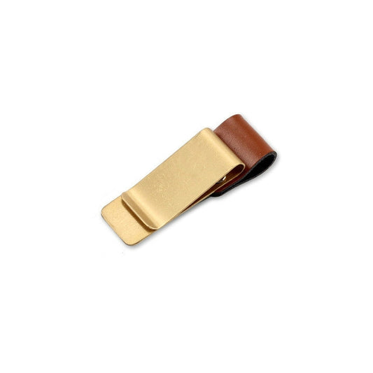 Metal and leather pen holder clip, gold/brass with brown leather strap