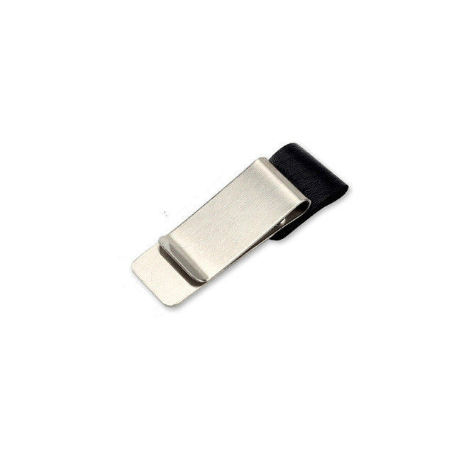 Metal and leather pen holder clip, silver with black leather strap