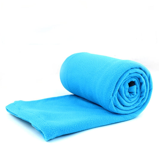 Blue fleece camping sleeping bag/blanket roll with folded layer and stitched center