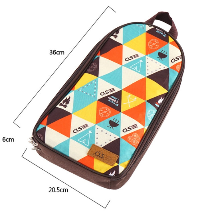 Geometric triangle-pattern insulated picnic bag with zip and carry handle, brown trim