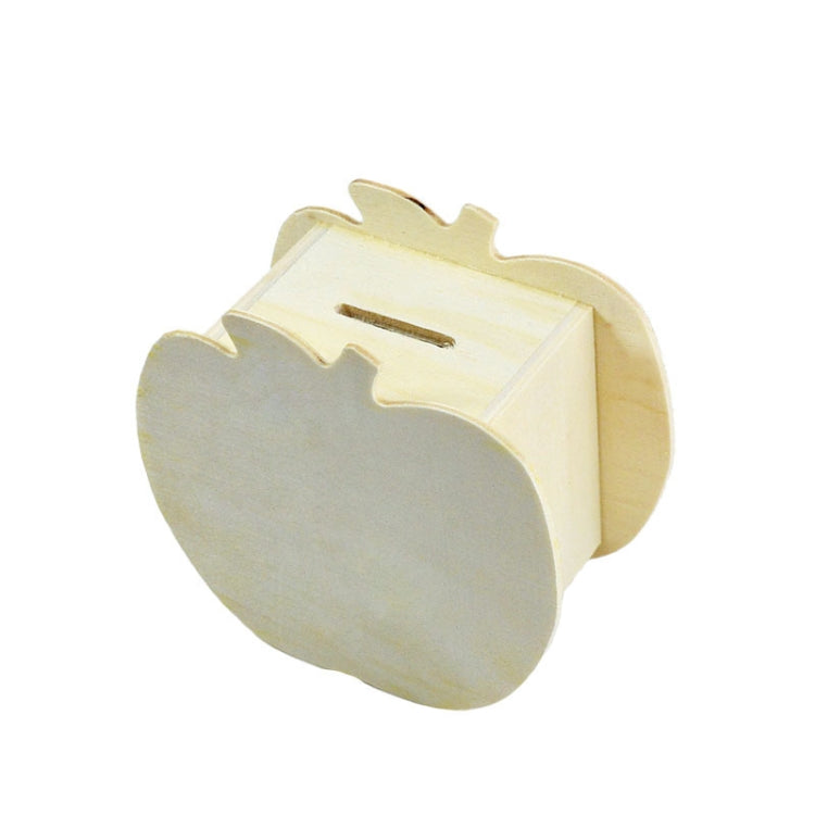 Wooden apple-shaped piggy bank with light wood body and top hinged lid