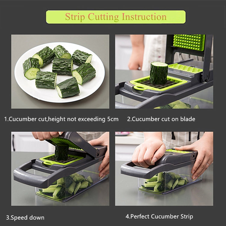Vegetable cutter strip-cut instruction with cucumber slices and blade cutting action
