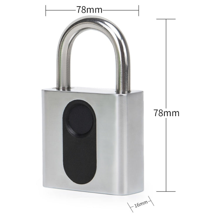 Silver fingerprint padlock with shackle and front sensor, shown with size measurements