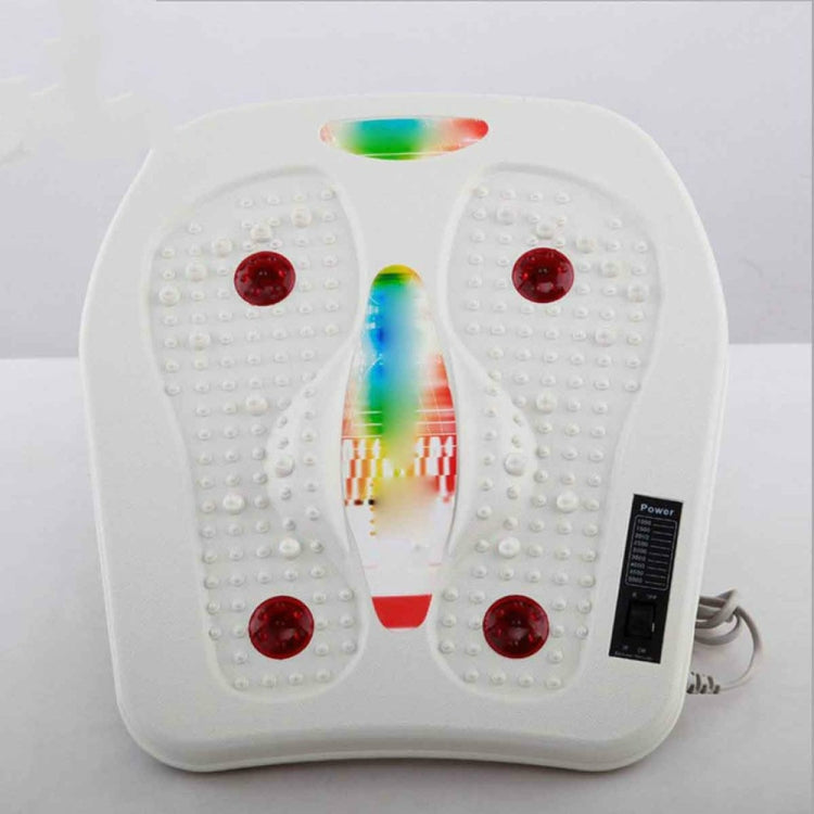White electric foot massager close-up with red nodes, rainbow strip, and power panel