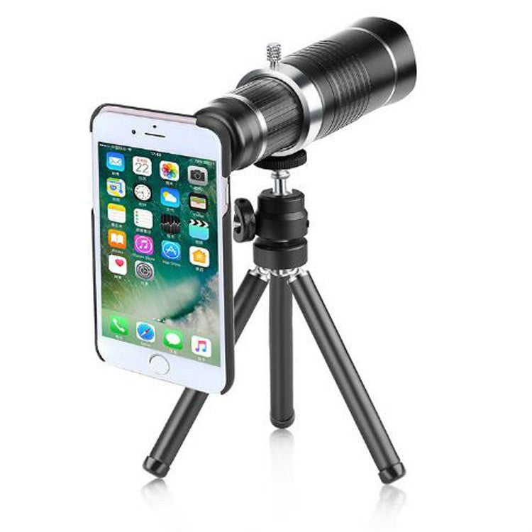 Telephoto lens monocular kit with smartphone on tripod mount, black body and lens tube