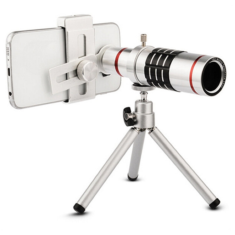 Smartphone telephoto lens with universal metal clip and tripod, silver/black barrel with red accents