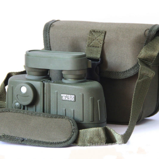 Olive-green binocular telescope with carrying pouch and adjustable neck strap.