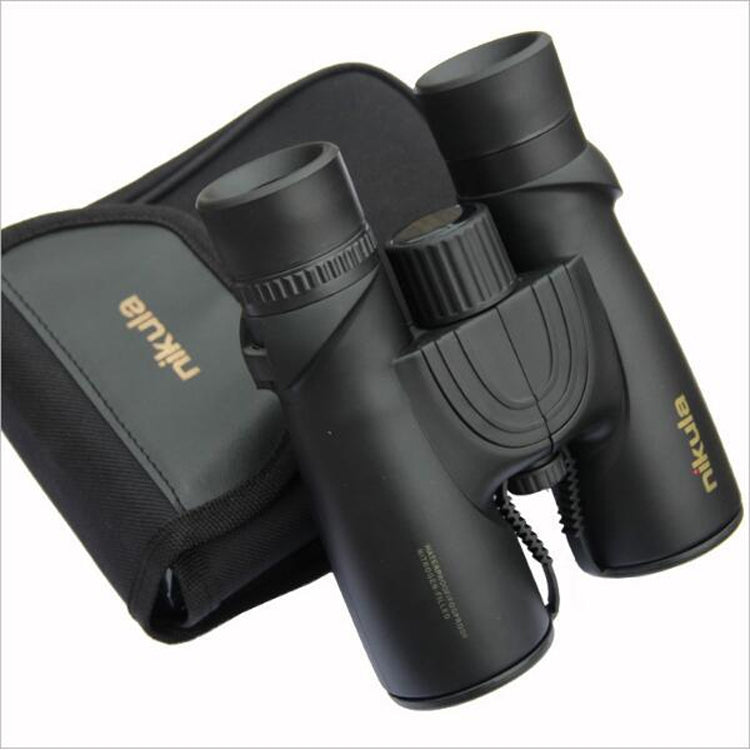 Black binoculars with carrying strap, Nikula logo, and adjustable focus controls