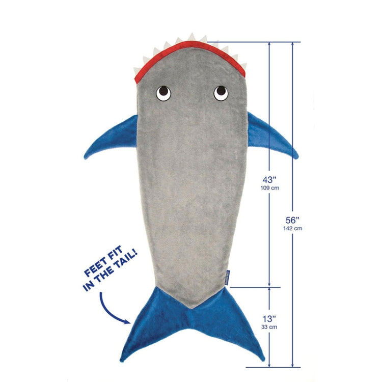 Grey shark sleeping blanket with blue tail fins and red dorsal fin, shown with size diagram