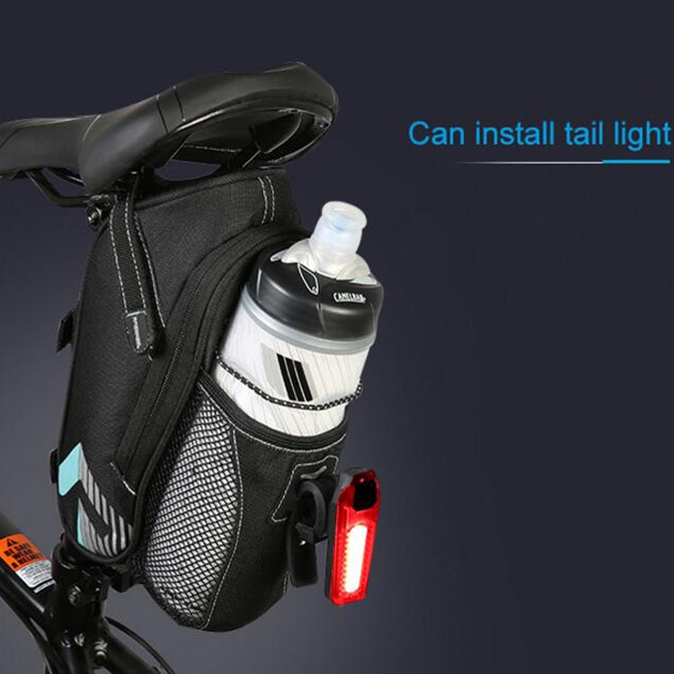 Black saddle bag on bike frame with tail light and water bottle