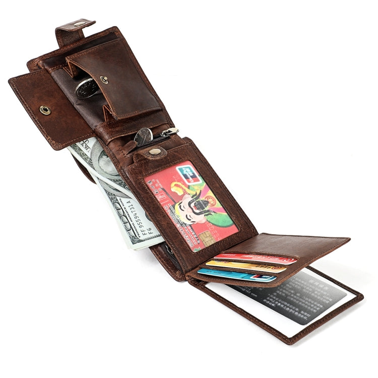 Brown leather multi-card wallet with snap closure, cards visible inside