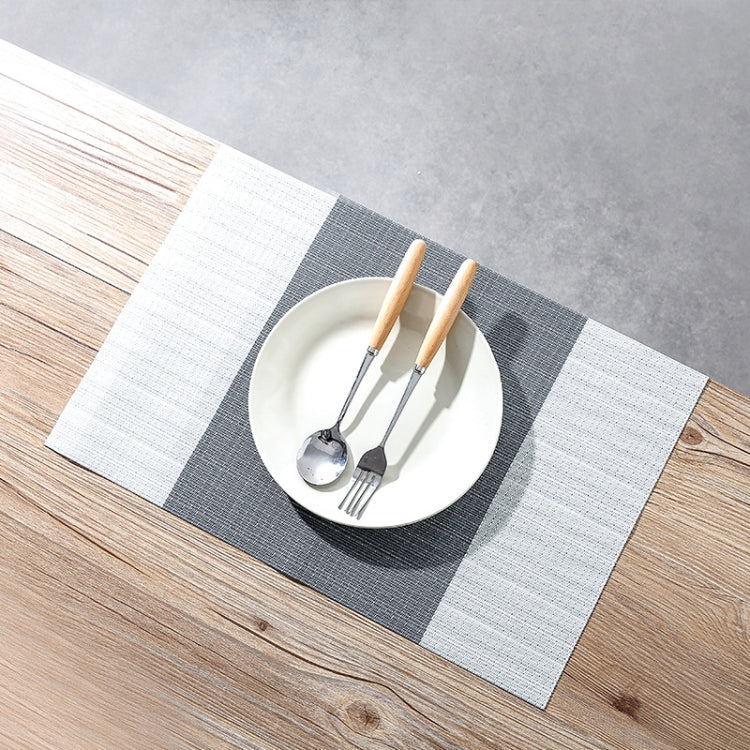 PVC non-slip table mat with woven texture and central dark gray block stripe on light gray