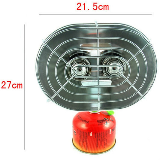 Double-head gas stove top view with circular burner plate and green base