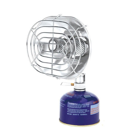 Outdoor double-head gas camping stove with wire grill and blue gas canister