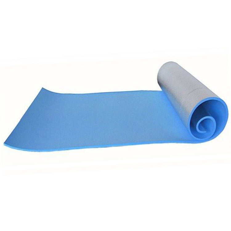 Blue outdoor mat laid out with rolled-up end, compact single-sided design