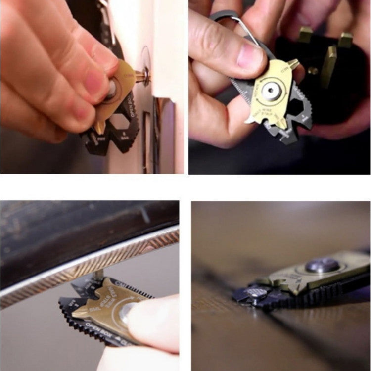 Hands using a 20-in-1 multifunction pocket tool; gold wheel and black tools adjust on the go