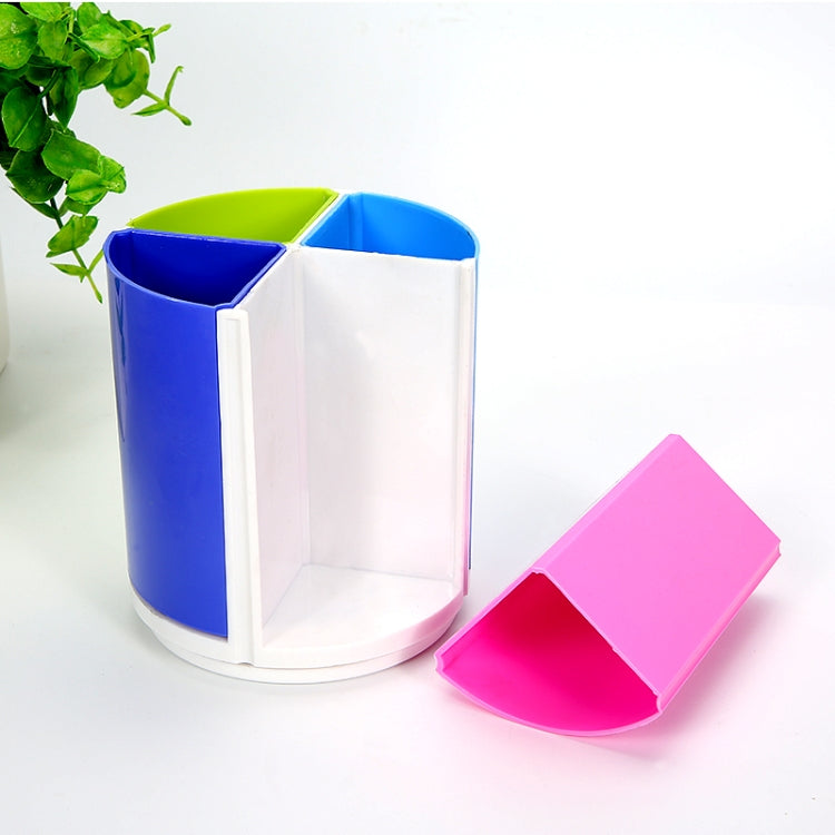 Colorful round pen holder with blue, white, and pink flip-out compartments