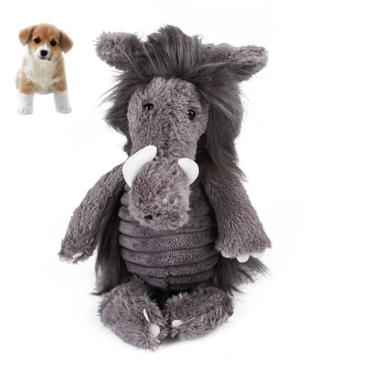 Gray plush biting pet teddy toy with white snout, small horn, and striped belly