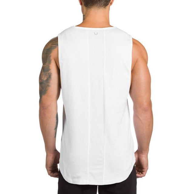 White sleeveless athletic vest with contrast gray-like seam detail, back view