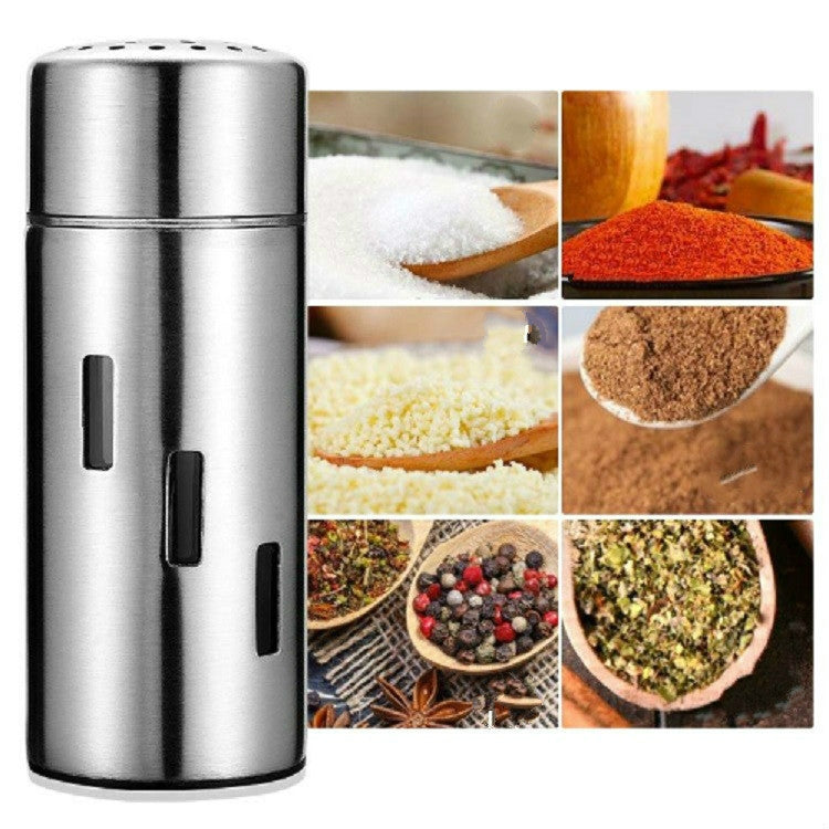 Stainless steel seasoning shaker bottle with perforated lid and side dispensing slots