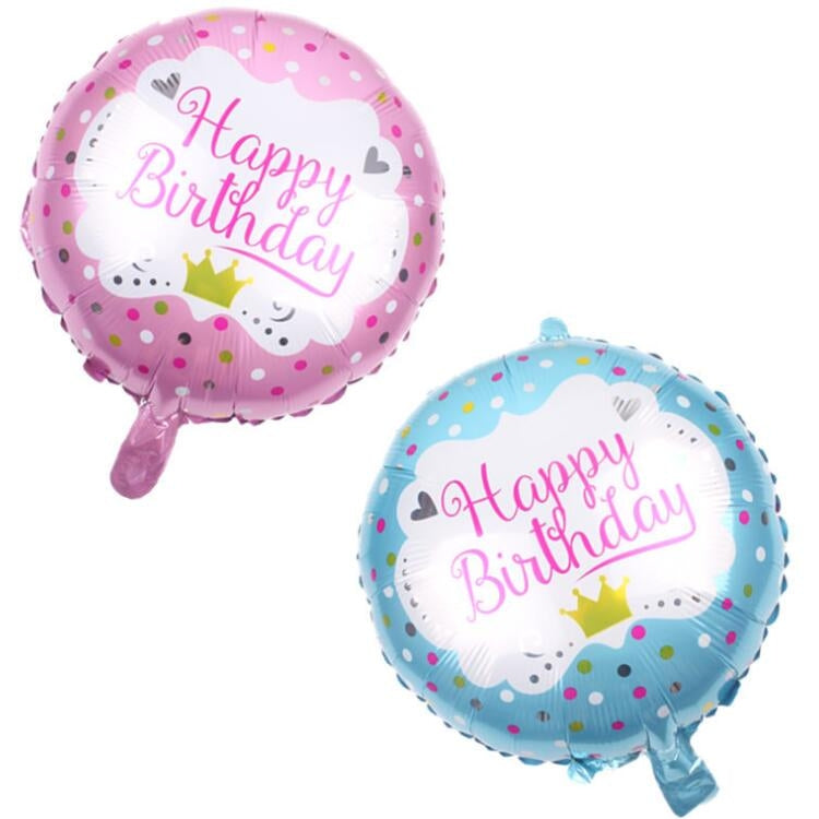 Two round foil balloons: pink “Happy Birthday” and blue “Happy Birthday” with patterns