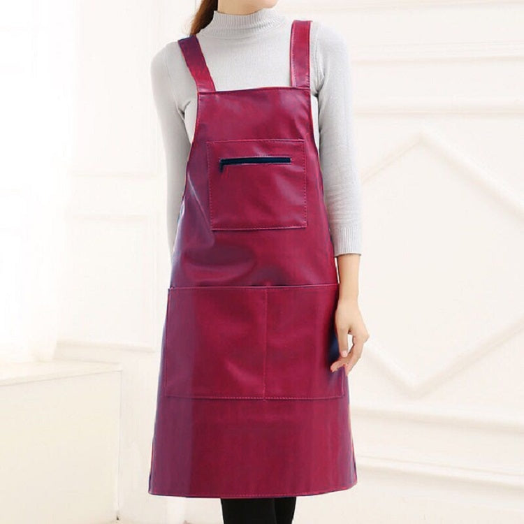 Wine-red oilproof leather apron with chest pocket and adjustable neck straps