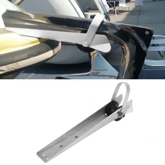 316 stainless steel yacht anchor bracket with black base, mounted on boat bow