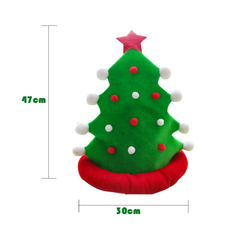 Christmas tree hat with size measurements, green tree with star topper and red brim