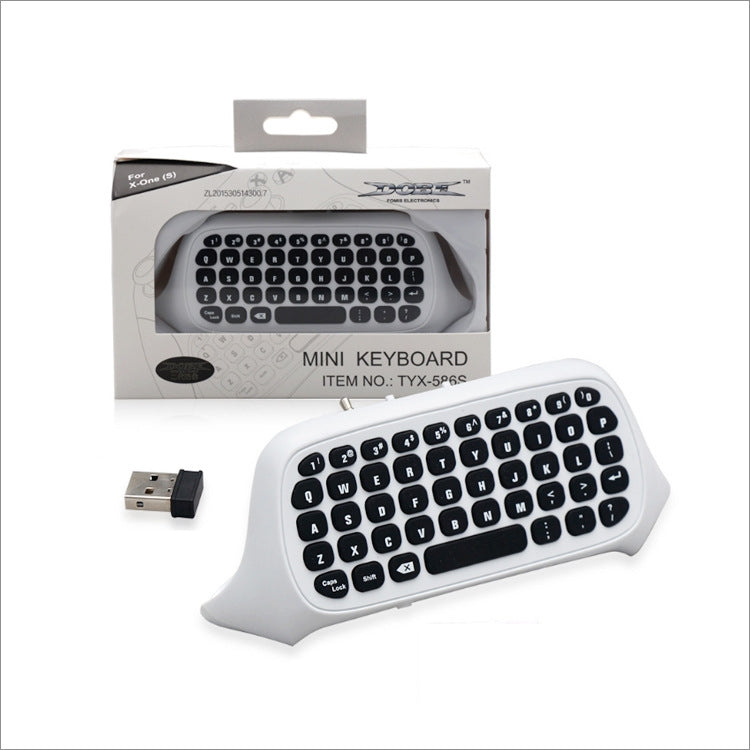 Boxed white mini keyboard chat gamepad with USB receiver and QWERTY keys
