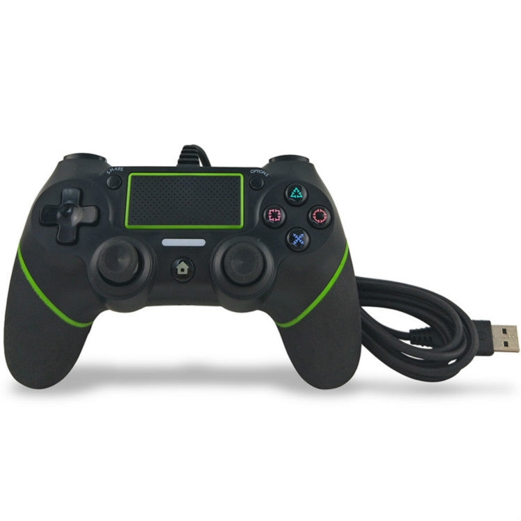 Wired game controller with green light bar, black grips, and USB cable