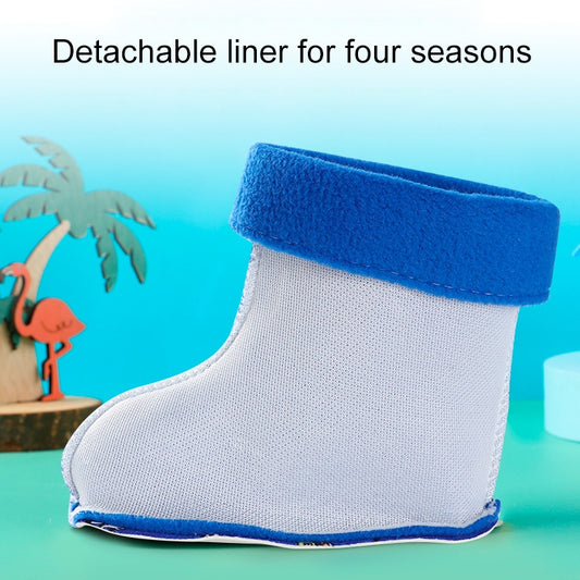 Children rain-boot liner with white fabric and blue fuzzy cuff, side view