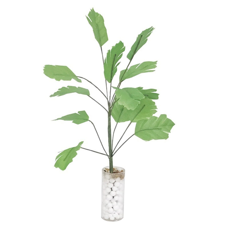 Mini dollhouse banana tree plant, green leaf branches in white pebble vase
