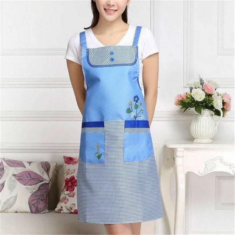 Adult waterproof sleeveless apron in blue with grid bib, double front pockets
