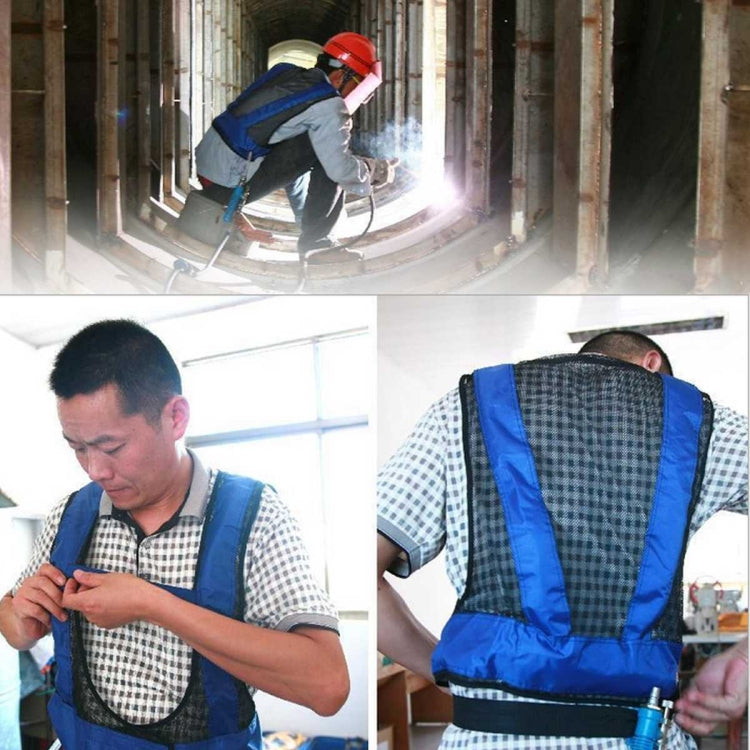 Blue mesh cooling air vest worn on torso with black trim and back panel