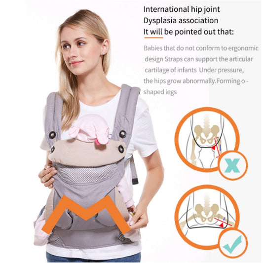 Gray multifunctional baby carrier worn on chest with infant supported and hooded panel