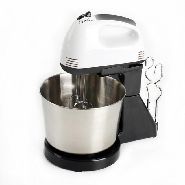 Electric hand mixer with stand, white/black base and stainless mixing bowl with beaters