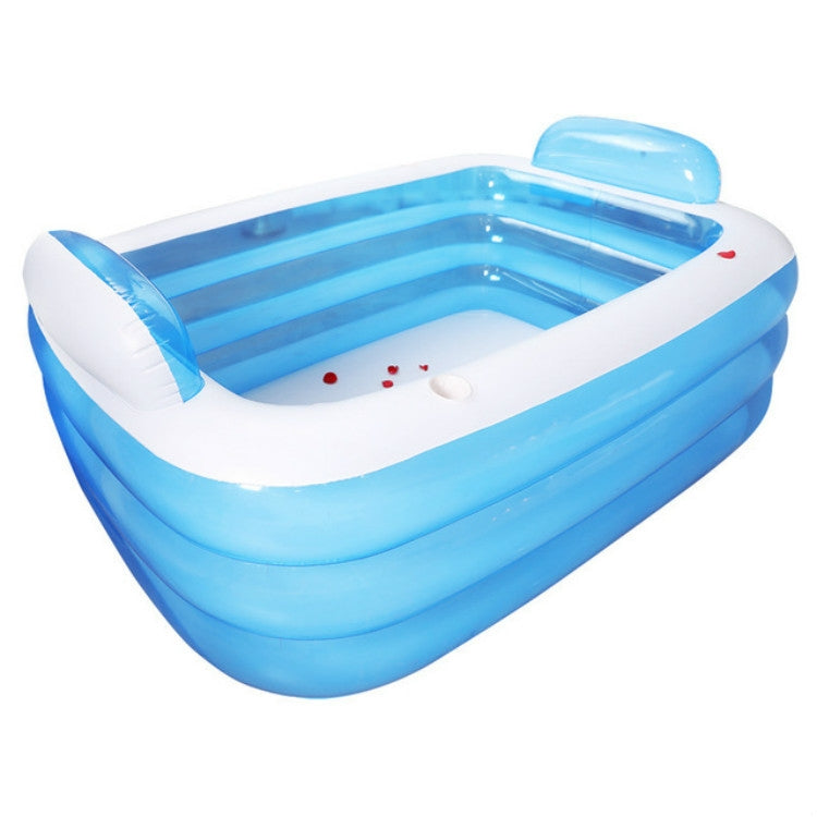 Three-layer inflatable insulated baby pool tub, blue outer walls and white interior, top view.