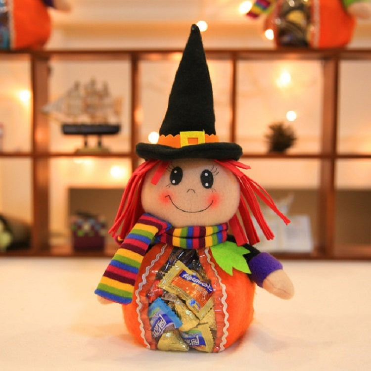 Halloween plush scarecrow candy backpack with transparent zip pouch, red hair and colorful scarf