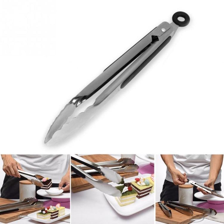 Stainless steel food clip with black silicone handle and hanging loop for grilling