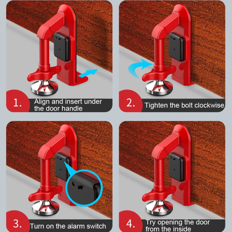 Red alarm door stop installation steps: insert, tighten, switch on, test door opening