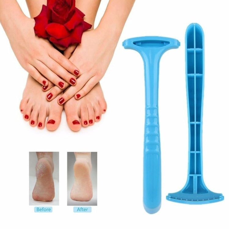 Blue foot callus scraper tools with long handles, shown with feet