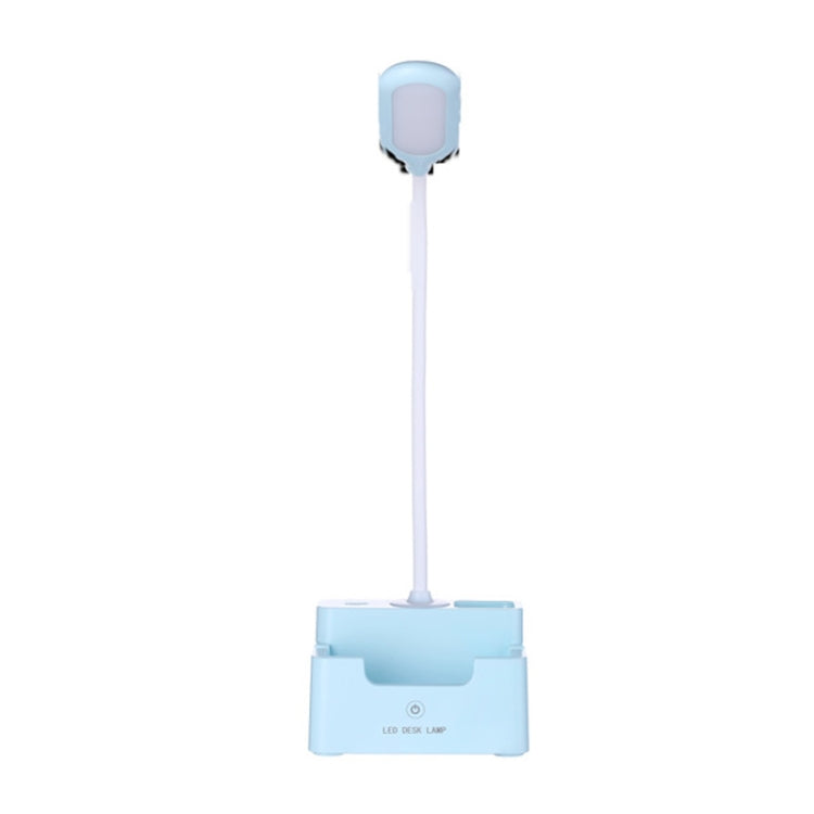 Blue LED desk lamp with touch base and upward light diffuser, USB charging stand