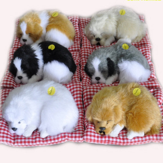 Set of plush sleeping dog ornament toys, mixed colors, in red plaid beds