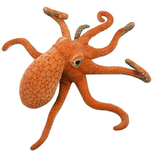 Orange octopus plush pillow with open tentacles and stitched facial details