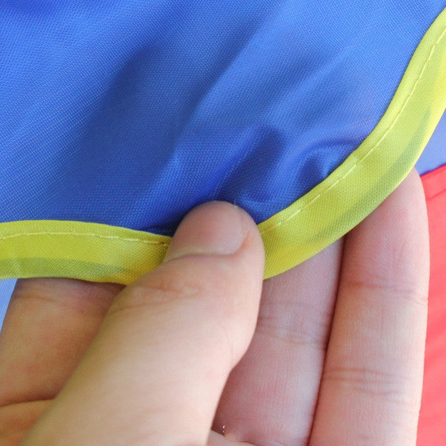 Blue and green fabric seam detail on children's play tent tunnel