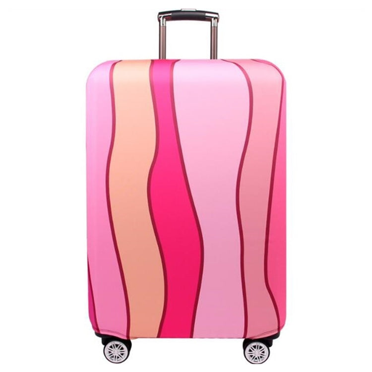 Pink luggage protective cover with magenta and tan ripple stripes, elastic fit and handle opening